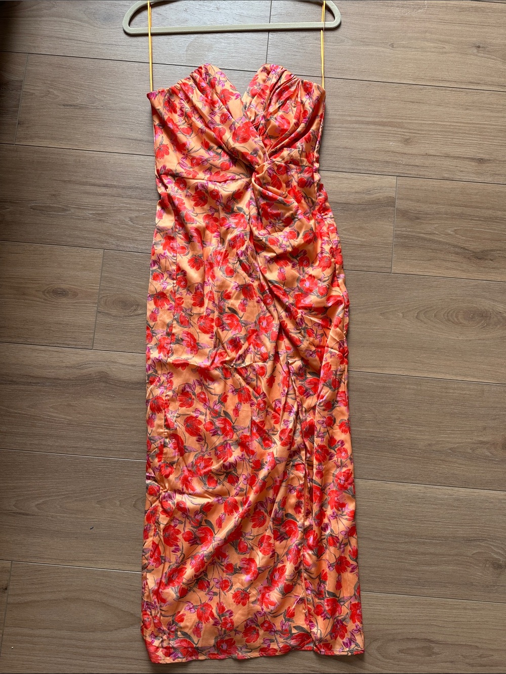 Strapless Floral Ruched Midi Dress